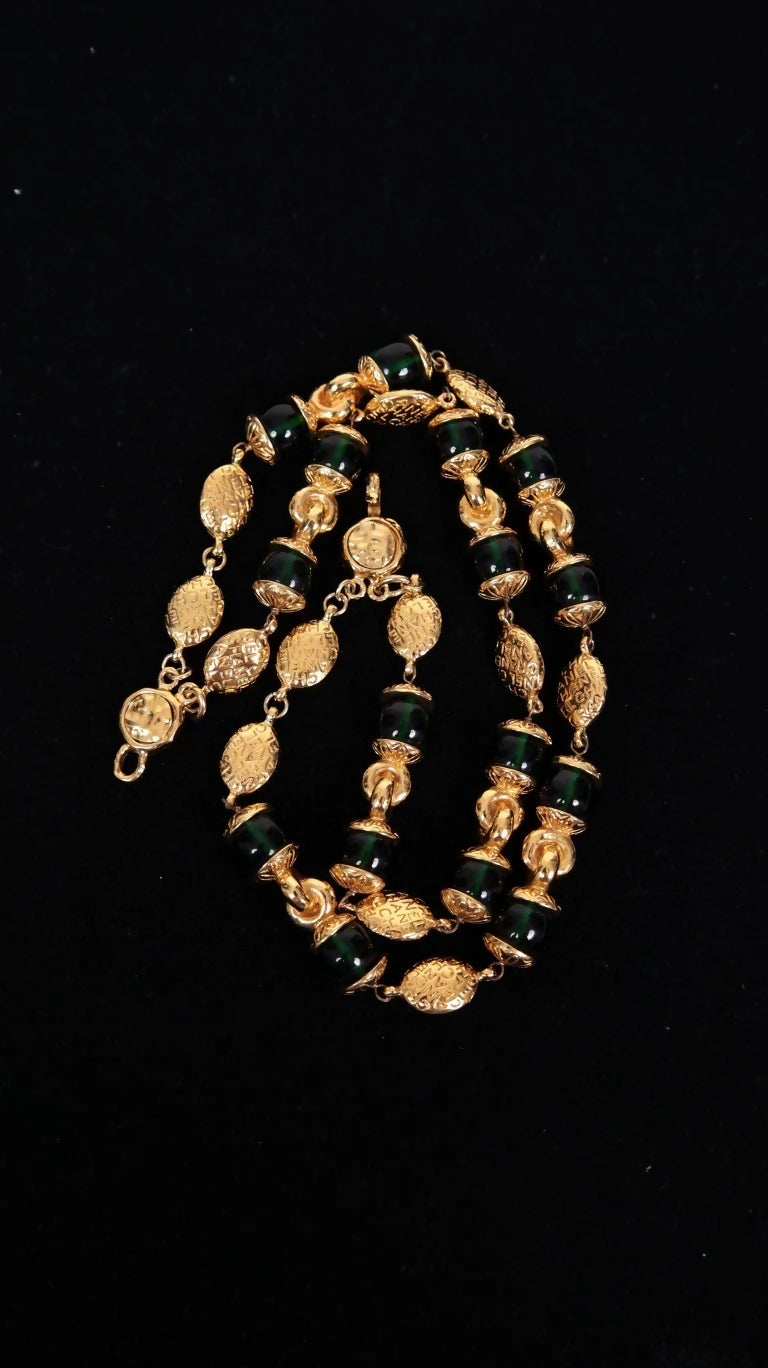 Vintage Chanel Emerald Green Glass and Plain Gold Long Necklace/Sweater Chain