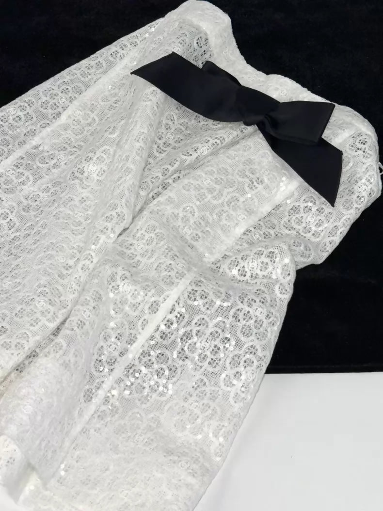 Chanel 24S White Sequined lace Camellia Bow Skirt
