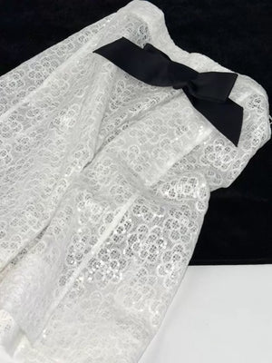 Chanel 24S White Sequined lace Camellia Bow Skirt