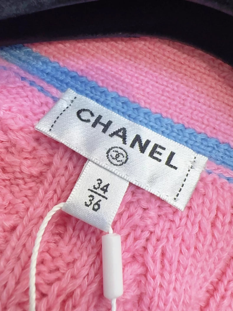 Chanel 23P Pink and Blue/White Knit Cardigan