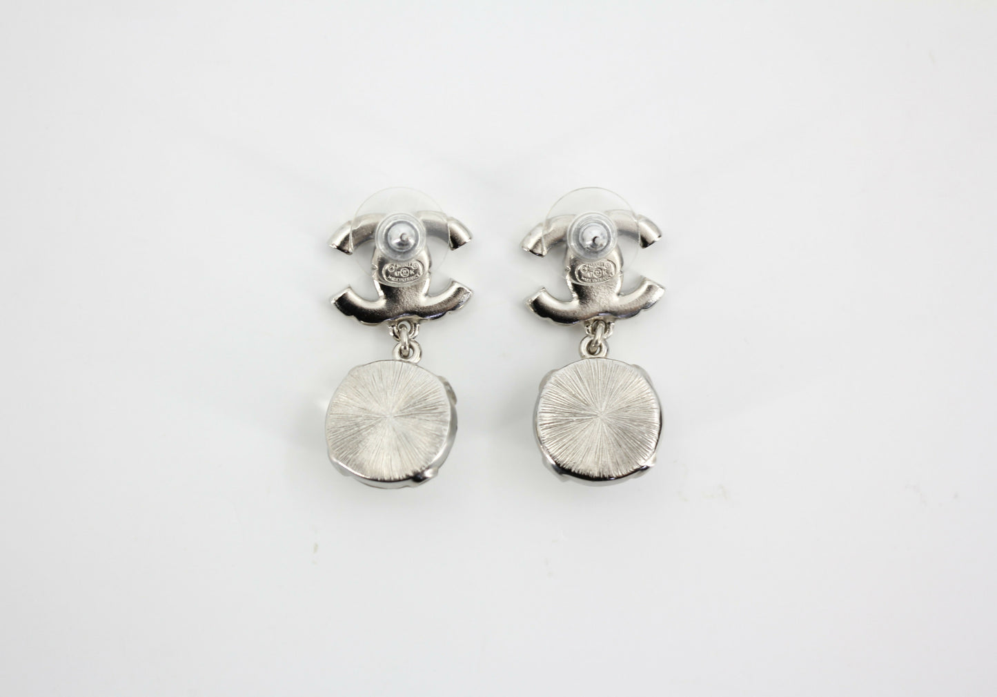 Chanel 17K Rhinestone Semi-transparent Round Pendant CC Stud Earrings