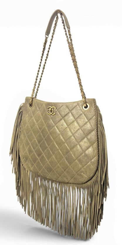 Chanel 14A Paris Dallas Iridescent Taupe Brown Nubuck Classic Hobo Shopper Tote Bag