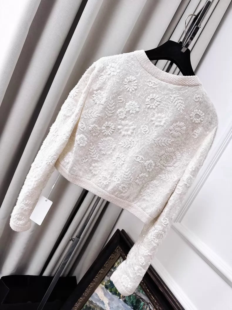 Chanel 21S  off-white knit cardigan with heavy embroidery, sequined camellia