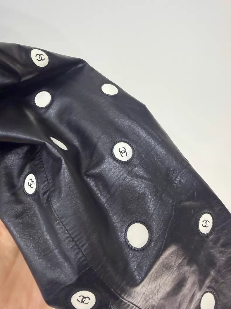 Chanel 23S Black Lace Polka Dot Double C Leather Jacket