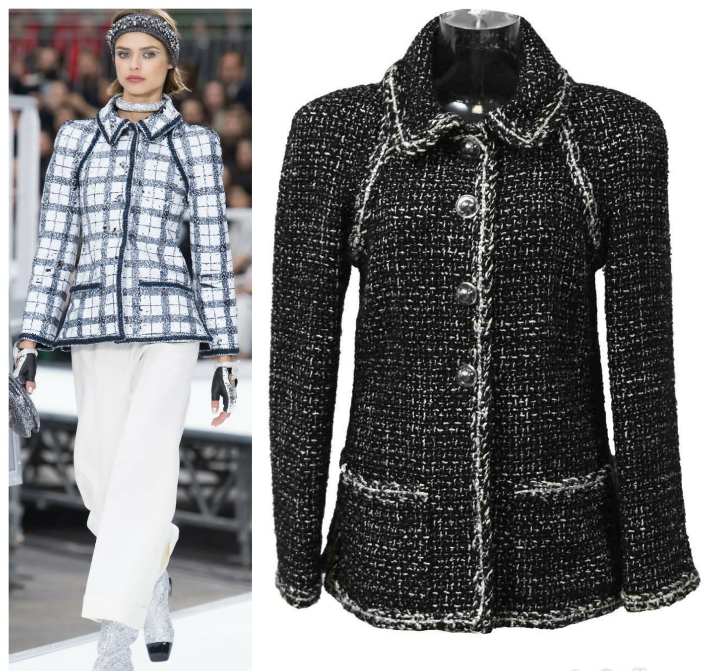 Chanel 17A Space Station Black White Ecru Metallic Fantasy Tweed Jacket FR 38