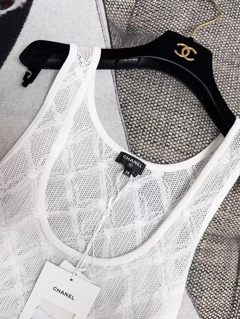 Chanel 24S white lace quilted black belted knit dress