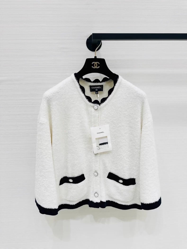 Chanel 26C white lace terry cloth cardigan