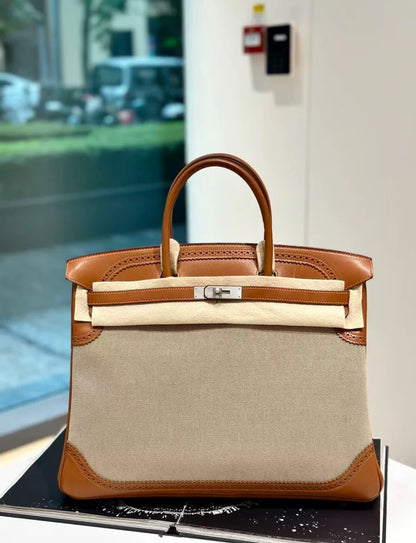 Rare Hermès Birkin 40 Toile H and Lace Ghillies Gold saddle leather Palladium Hardware