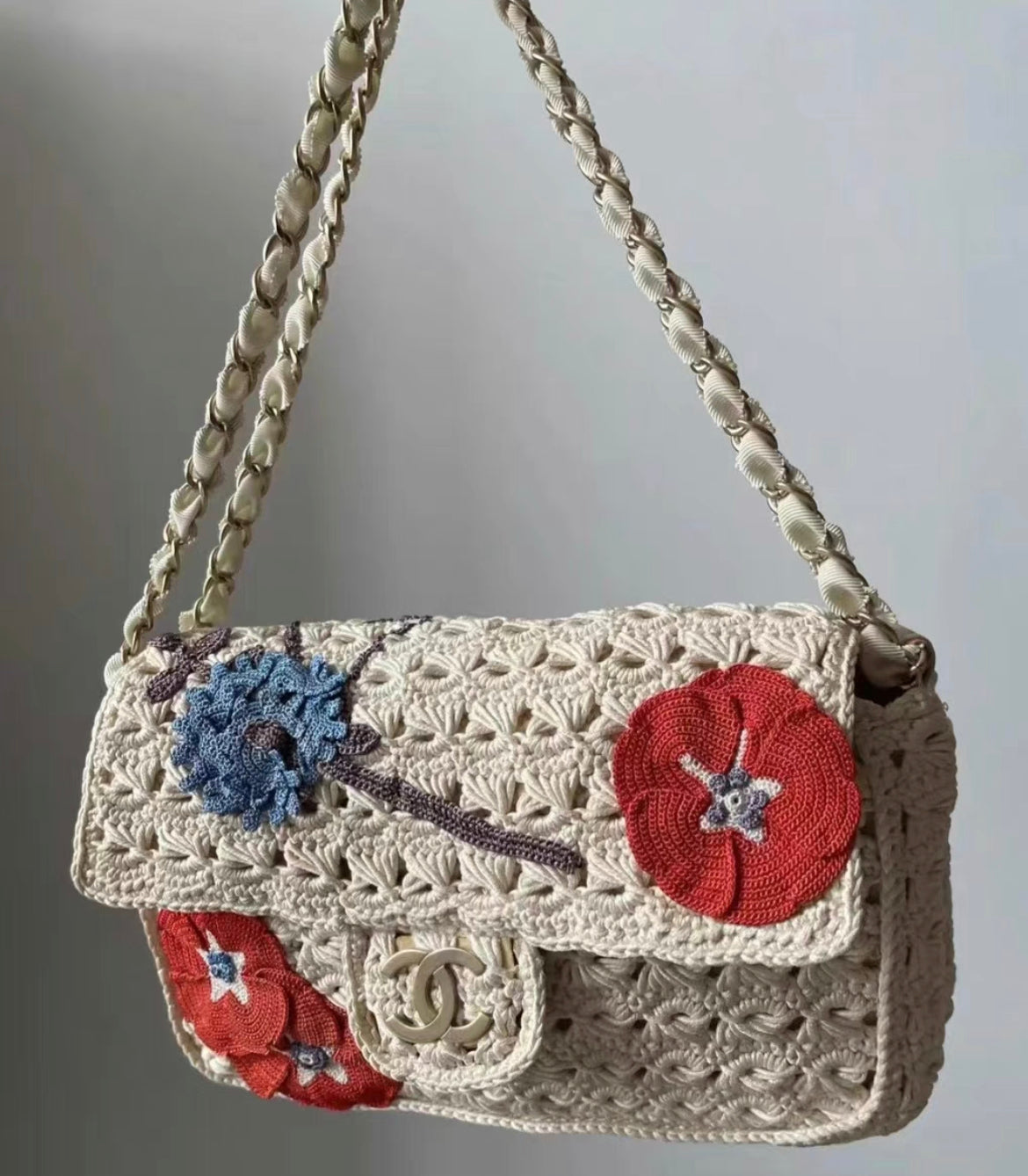 2010 Chanel Crochet Flowers Ivory Chain Flap Bag