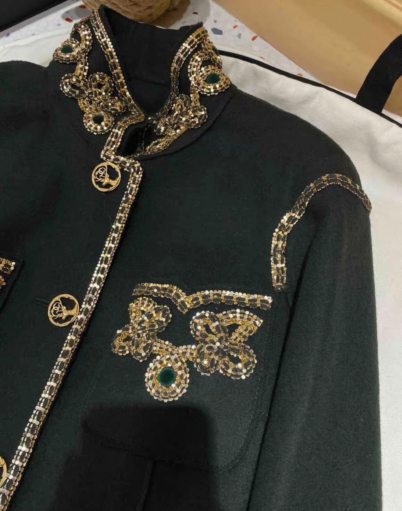 Chanel 15a Salzburg military green embroidered coat, size FR42