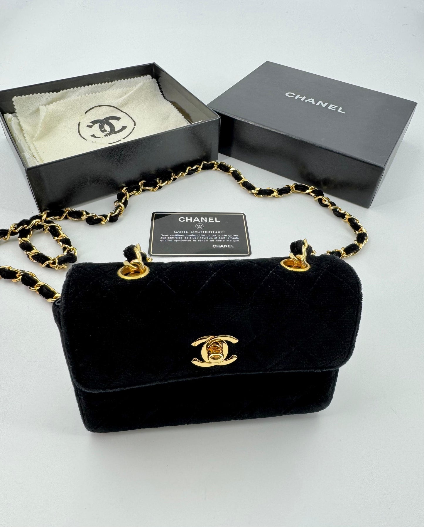 Chanel vintage Black velvet mini square flap bag with gold hardware