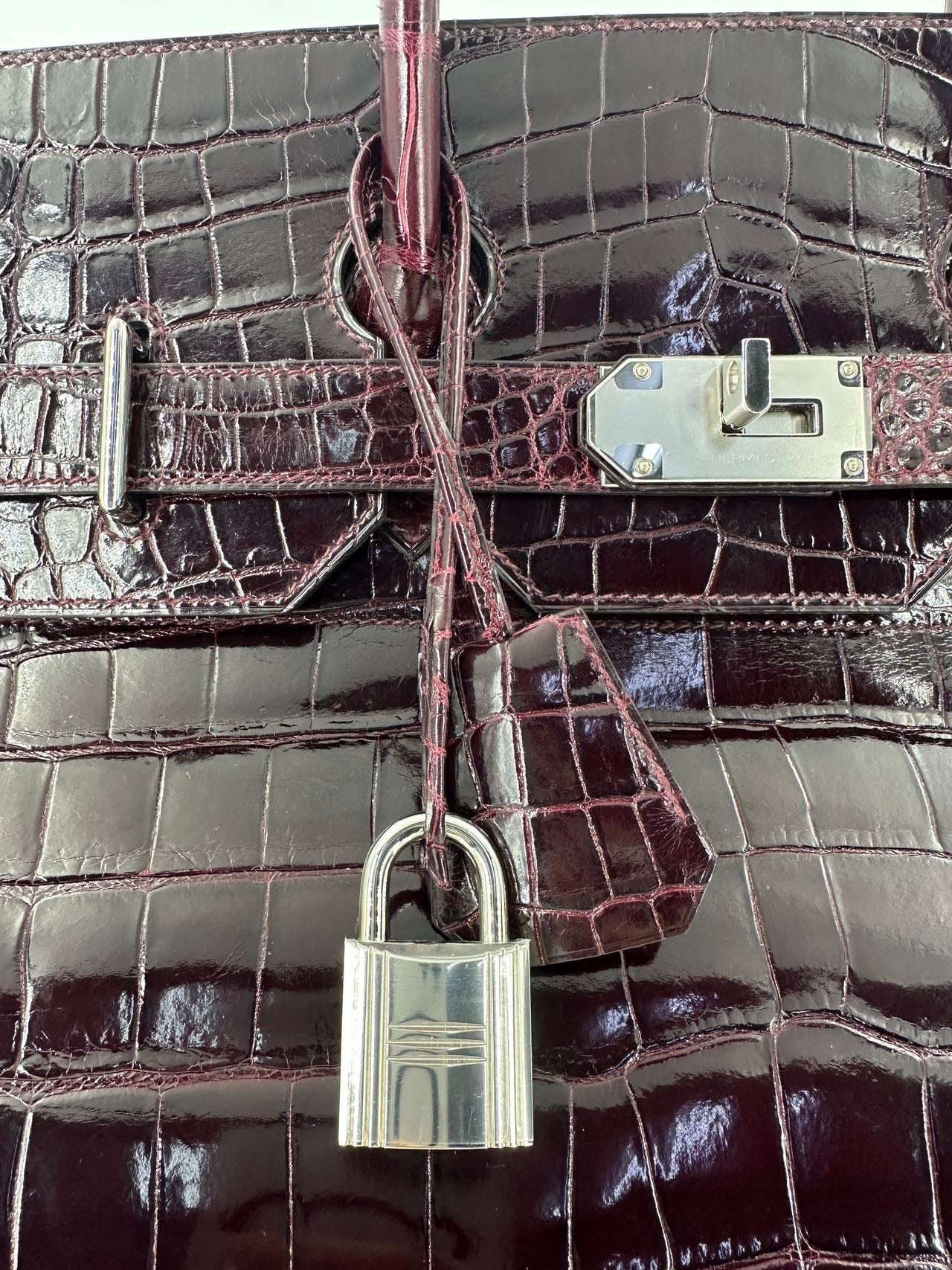 Hermes Birkin HAC 50 Bordeaux Shiny Crocodile leather palladium hardware