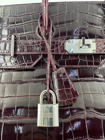 Hermes Birkin HAC 50 Bordeaux Shiny Crocodile leather palladium hardware