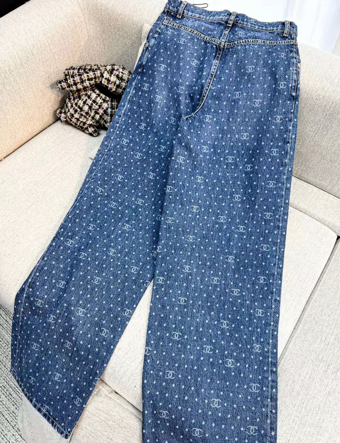 Chanel 23p popular blue polka-dot denim wide-leg pants in size 34