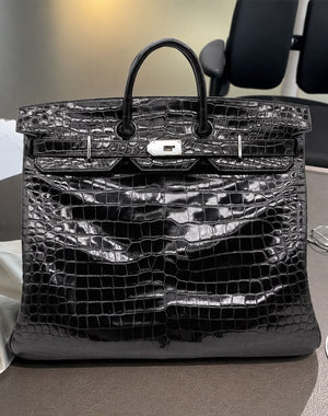 Hermes Birkin HAC 50 Black shiny porosus crocodile leather palladium hardware