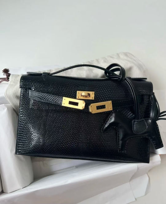 Hermes Kelly Pochette Black Lizard Good hardware