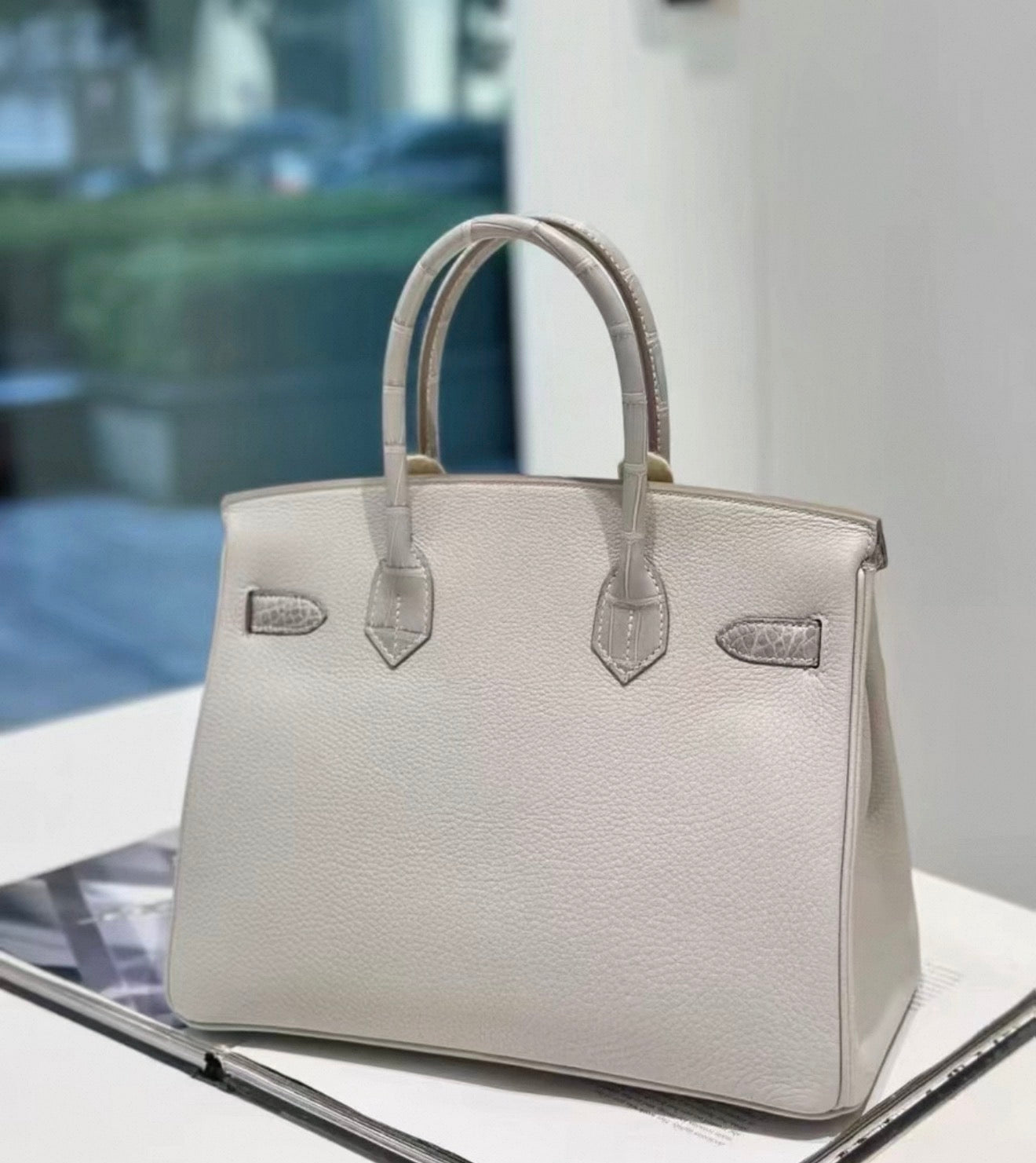 Hermes Birkin 30 Touch Gris Perles Togo matte crocodile leather light gold hardware