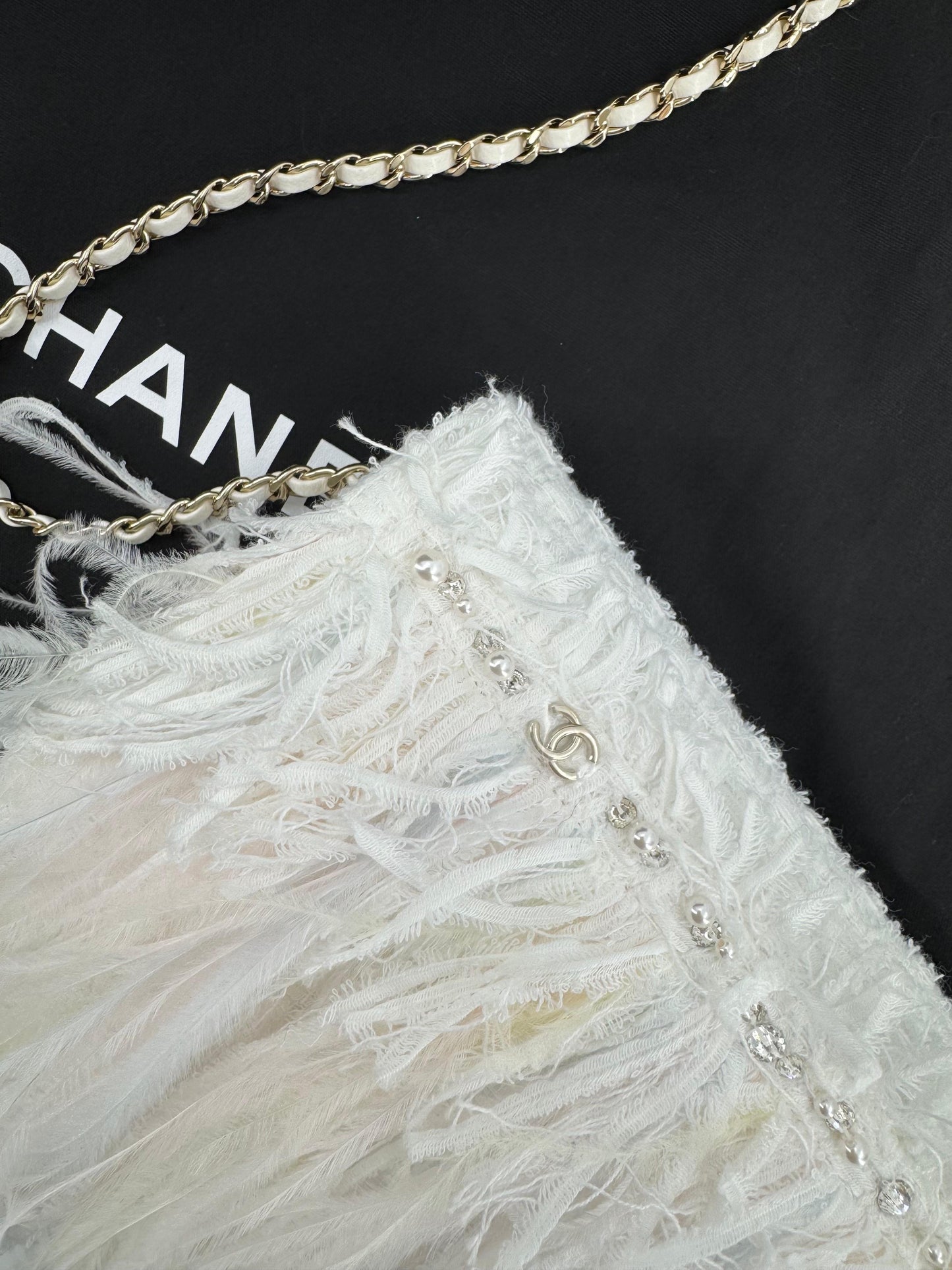 Chanel 25S Embroidered Tweed, Feathers, Imitation Pearls & Gold-Tone Metal Clutch in White