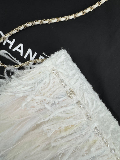 Chanel 25S Embroidered Tweed, Feathers, Imitation Pearls & Gold-Tone Metal Clutch in White