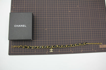 Chanel Vintage 95P Rhinestone Gold-plated Black Leather Chain CC Choker