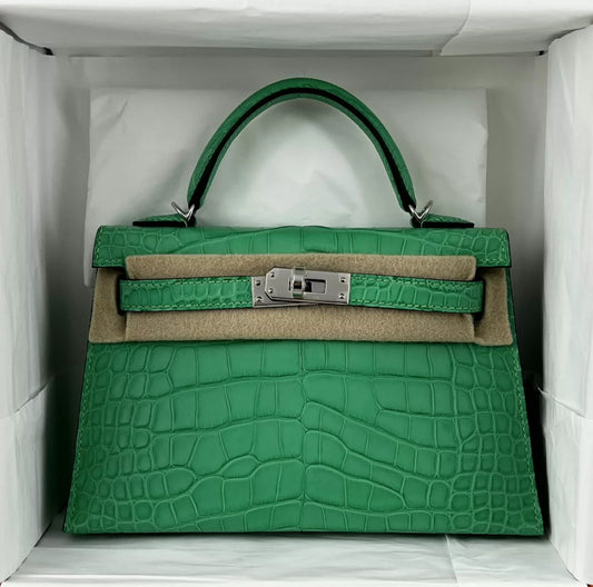 Hermes Mini Kelly 20 Vert Cosmic Matte Crocodile Leather Palladium Hardware