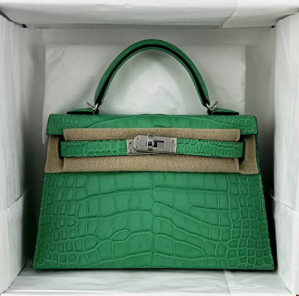 Hermes Mini Kelly 20 Vert Cosmic Matte Crocodile Leather Palladium