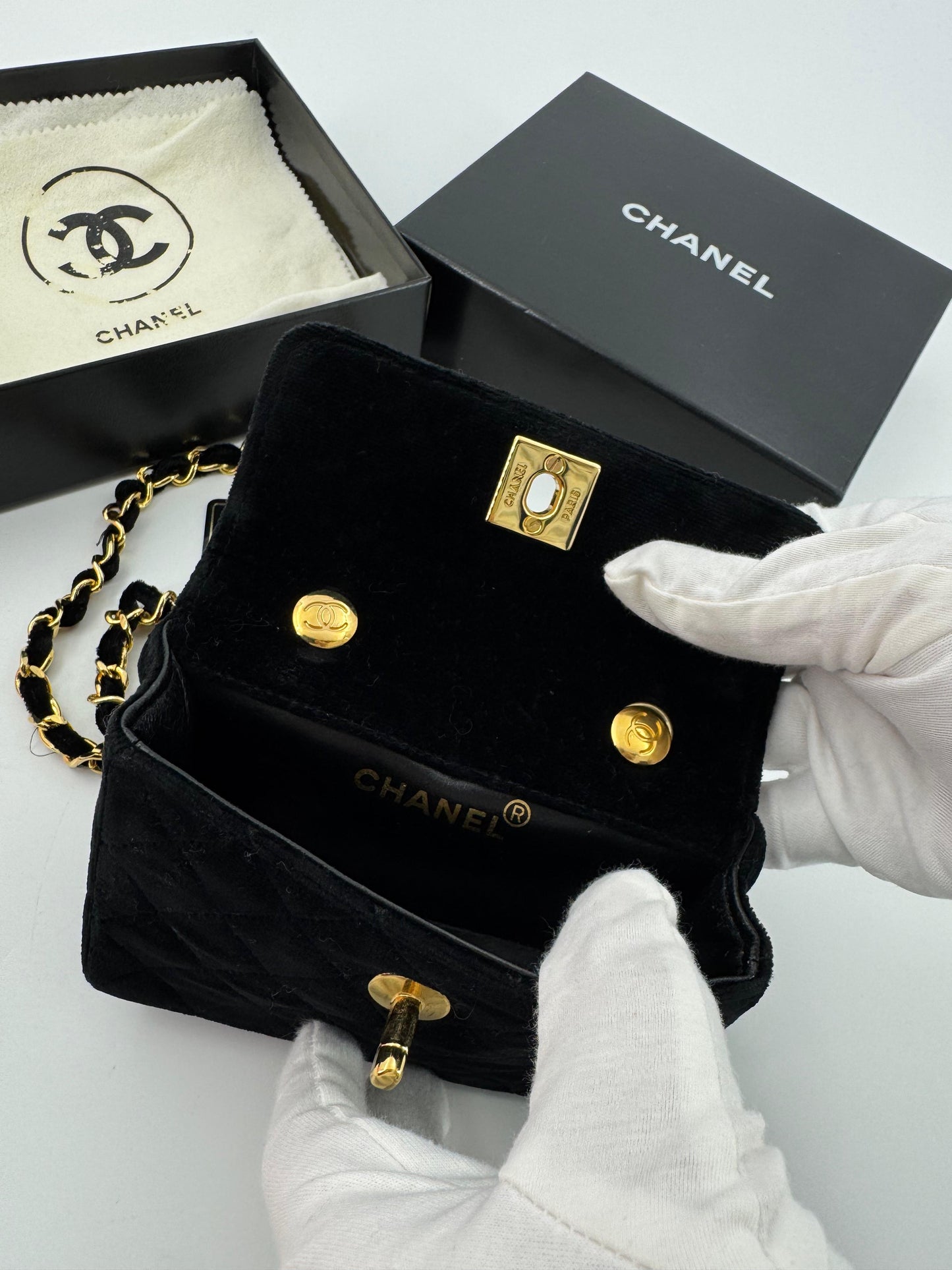 Chanel vintage Black velvet mini square flap bag with gold hardware