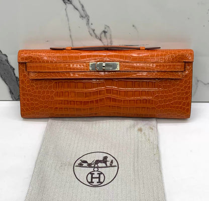 Hermes Kelly cut pain d’epice shiny crocodile porosus leather palladium hardware