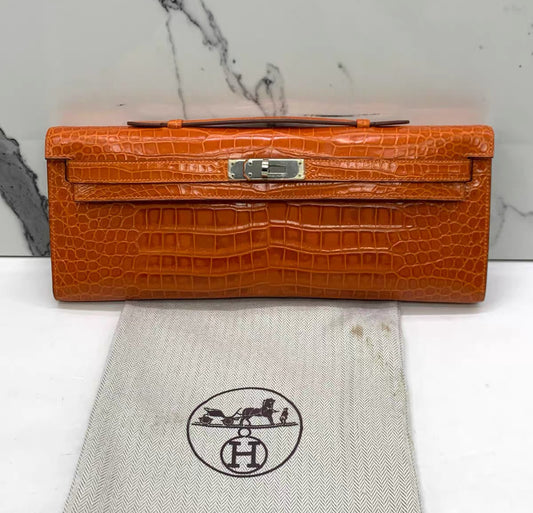 Hermes Kelly cut pain d’epice shiny crocodile porosus leather palladium hardware