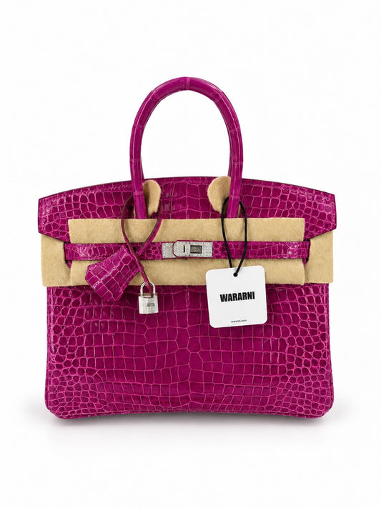 Hermes Birkin 25 rose scheherazade Crocodile Porosus white gold diamond hardware