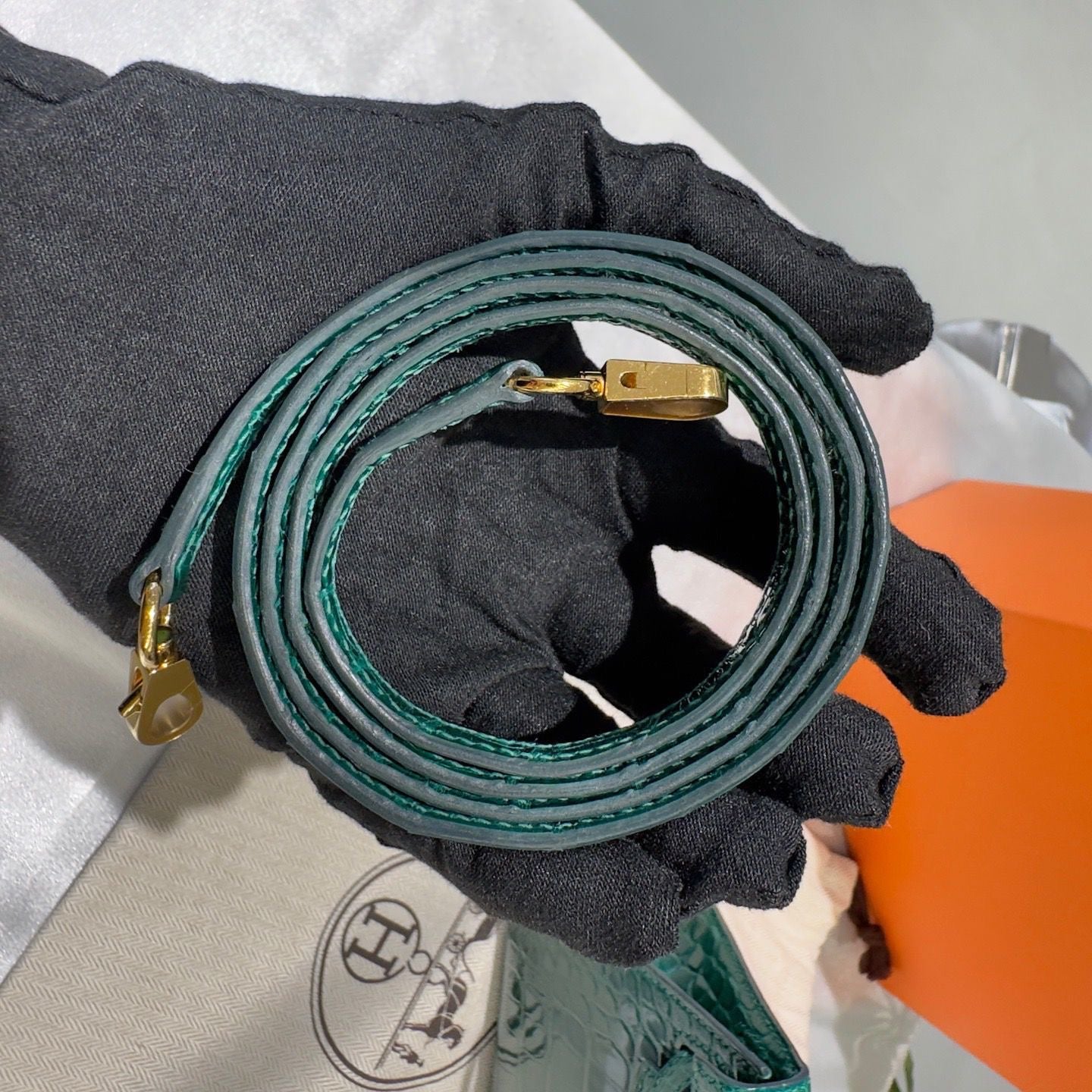 Hermes Mini kelly Green Emerald 6Q alligator leather gold hardware