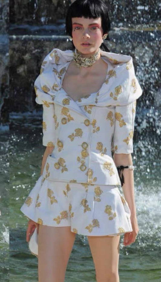Chanel 2013 white and gold embroidered jacket and shorts set
