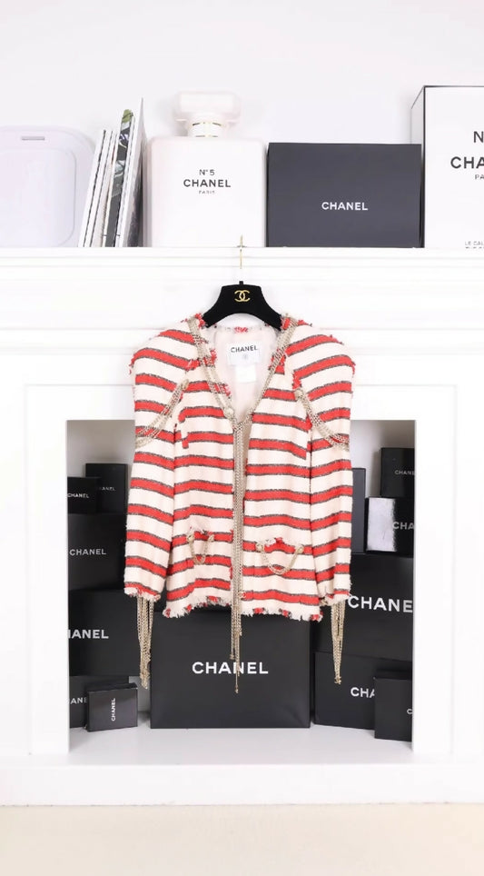 Chanel 2008 red and white striped chain jacket