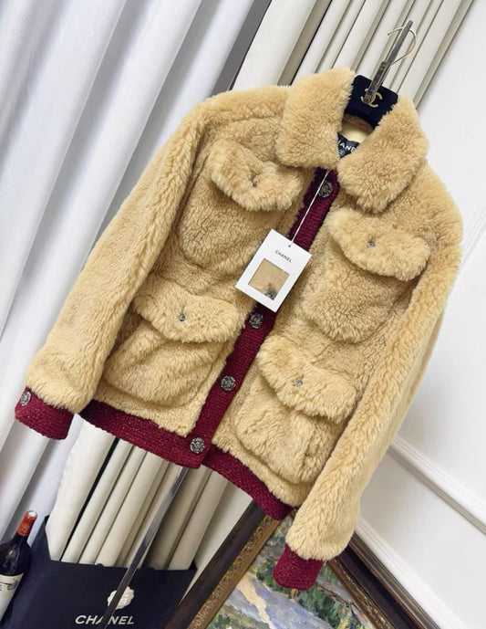 Chanel 22K silk fur jacket in beige and burgundy size 38