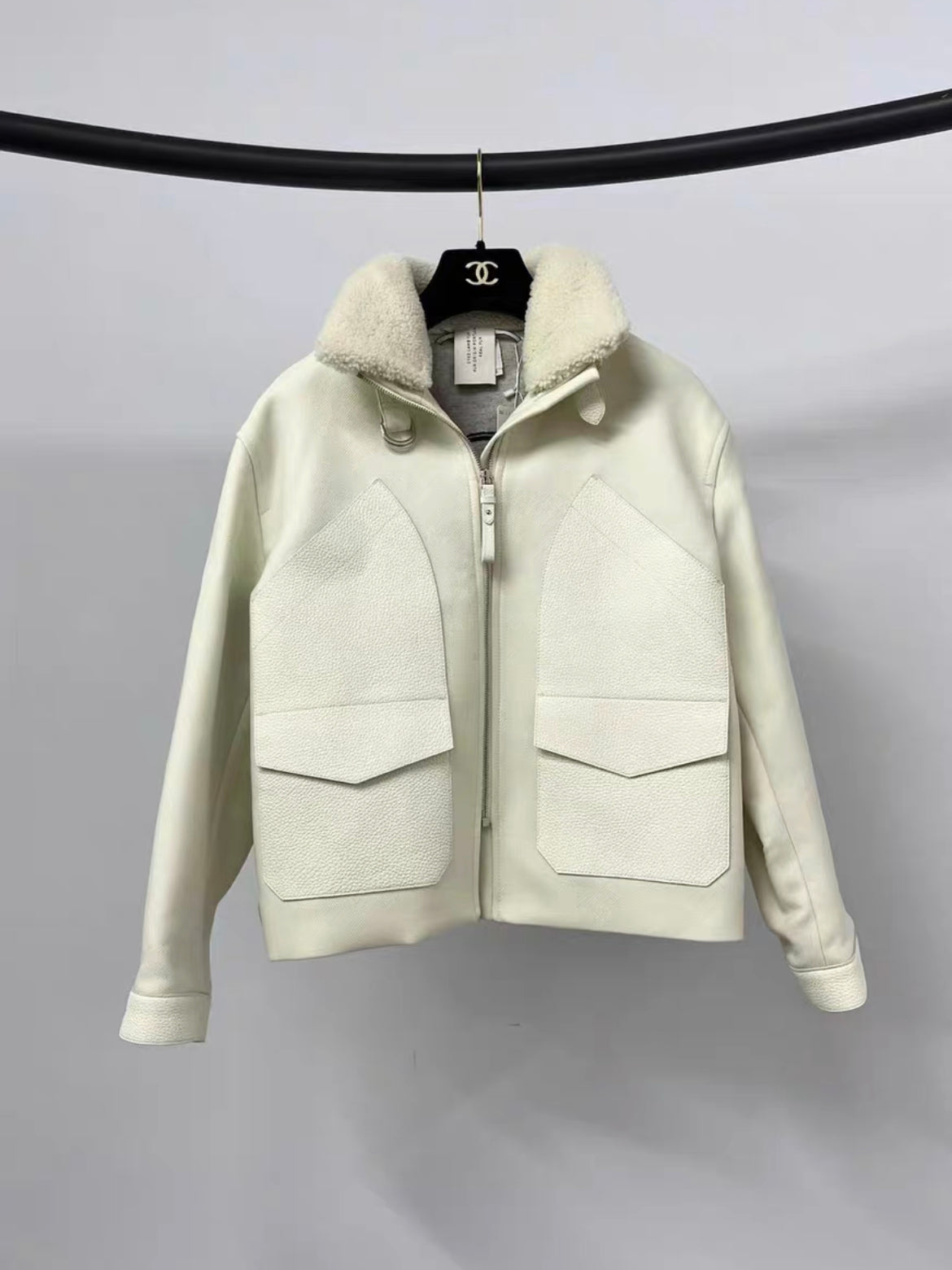 HERMES PALETOT BOMBER JACKET WHITE SHEARLING LEATHER WOOL size 34