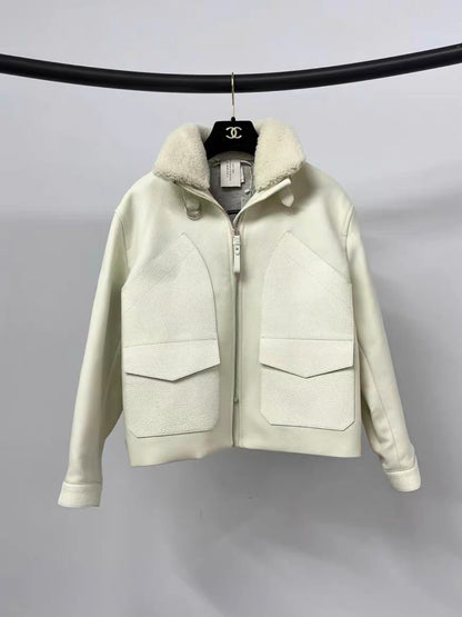 HERMES PALETOT BOMBER JACKET WHITE SHEARLING LEATHER WOOL size 34