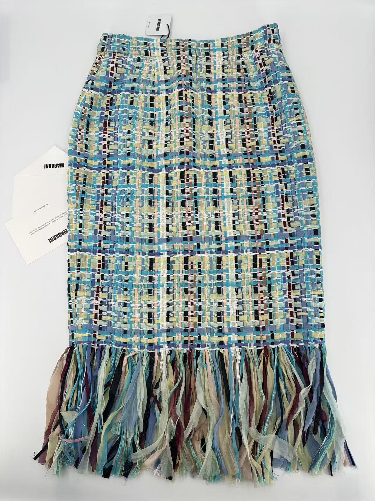 Chanel 17C Blue and Yellow Tweed Fringed Midi Skirt