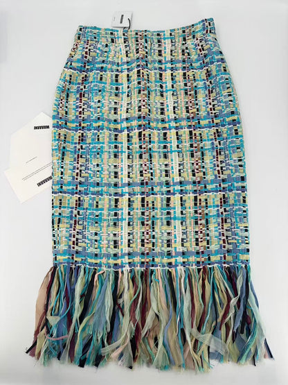 Chanel 17C Blue and Yellow Tweed Fringed Midi Skirt