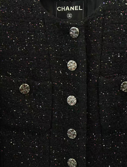 Chanel 22A Black Sequinned Long Coat 36FR