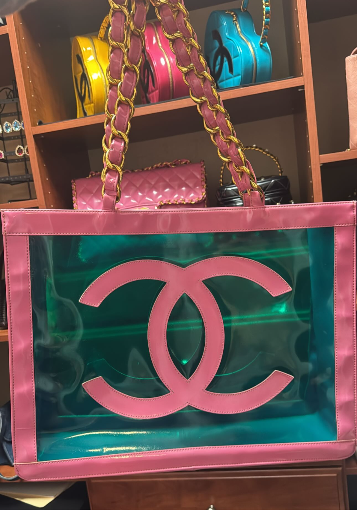 Chanel 1995 Transparent Pink Patent Leather CC Shopping Tote bag by Karl Lagerfeld