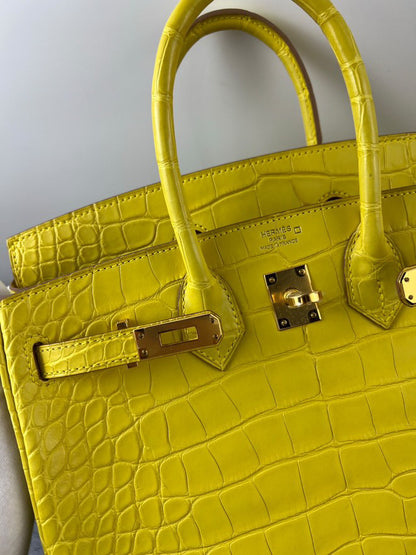 Hermes Birkin 25 Lime Yellow Matte Crocodile Gold Hardware Handbag