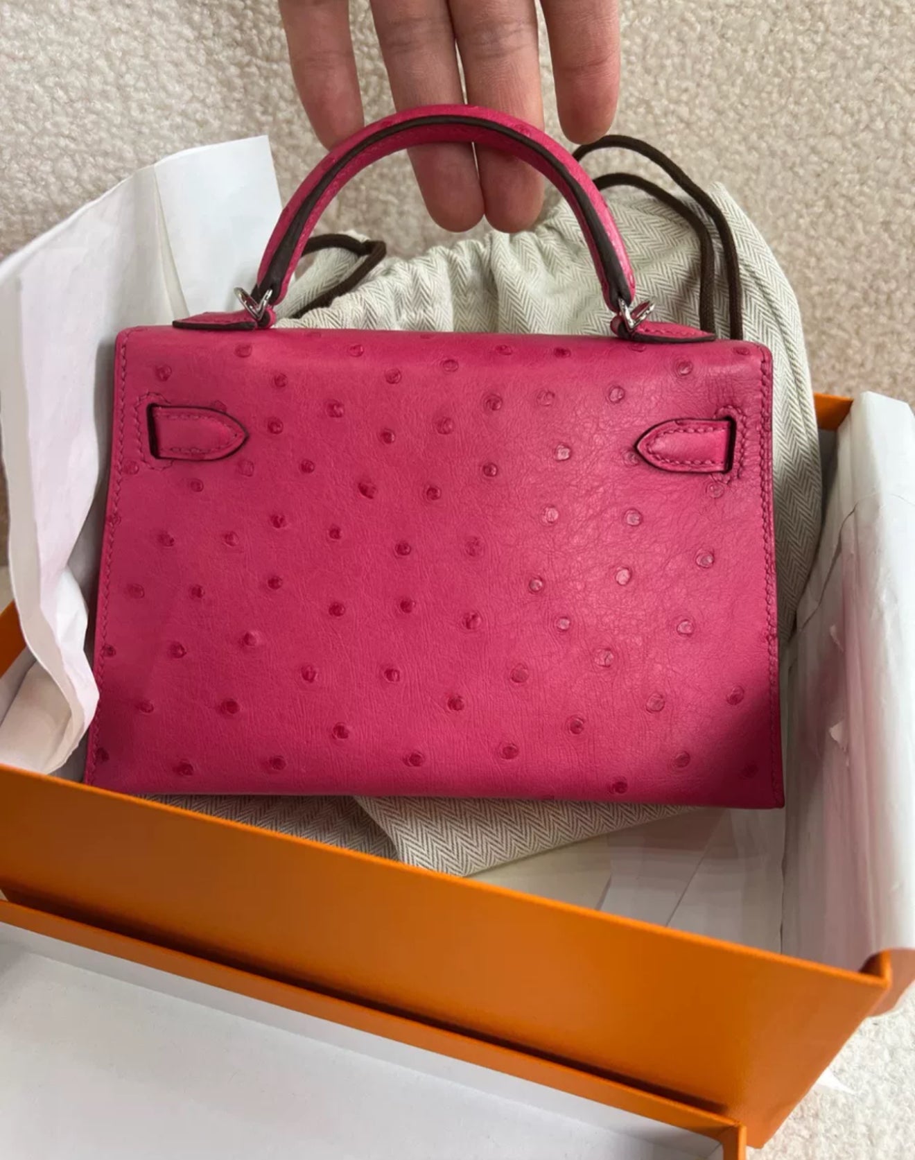 Hermes Mini Kelly Rose Tyrien Ostrich Palladium Hardware