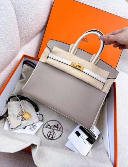 Hermès Special Order (HSS) Birkin 25 Gris and Craie Togo Brushed Gold Hardware