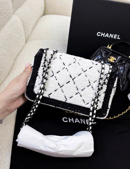 Chanel 24P Large Flap Bag Sequins & Black Metal, White & Black