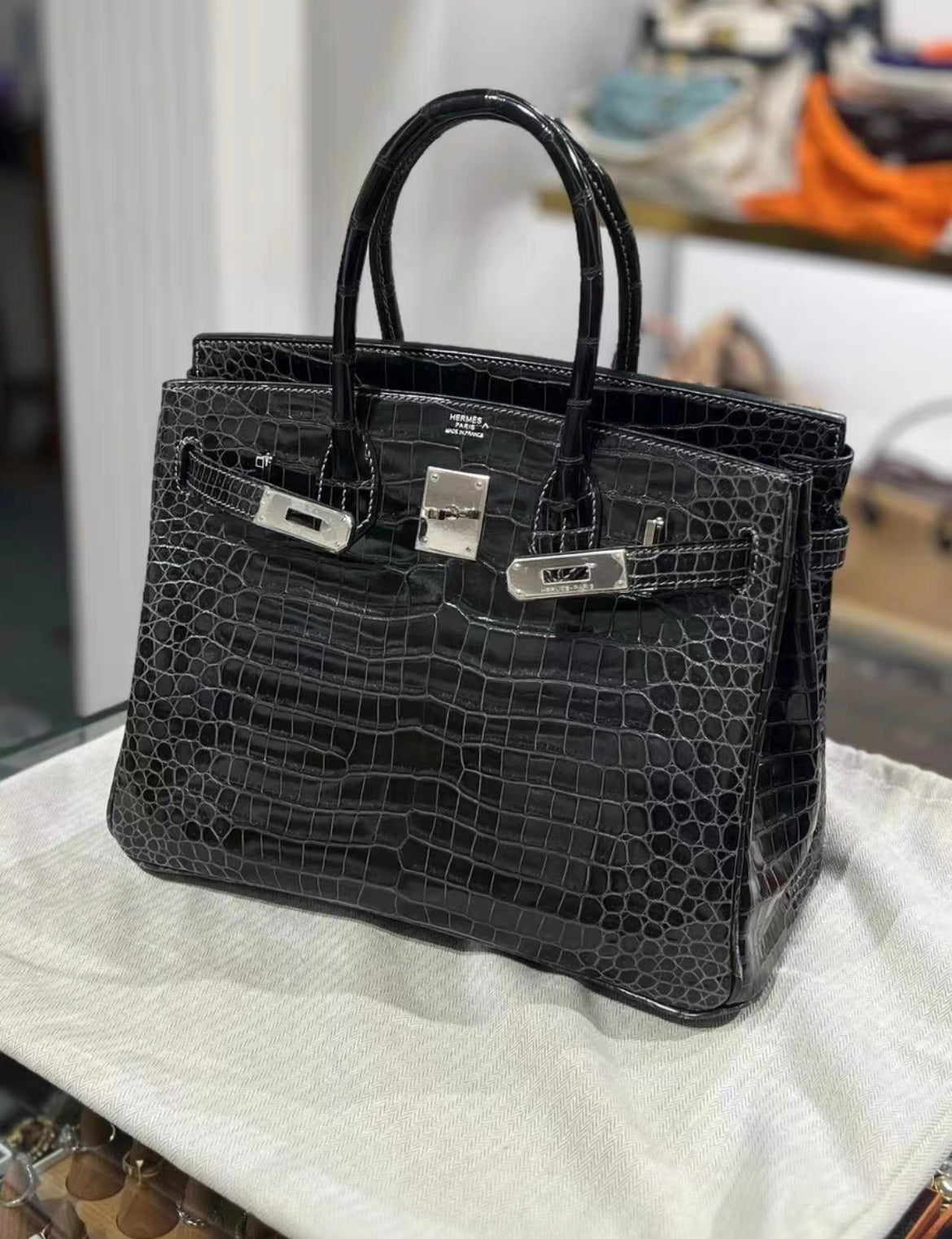 Hermès Birkin 30 Black Matte Alligator with white stitching and Palladium Hardware