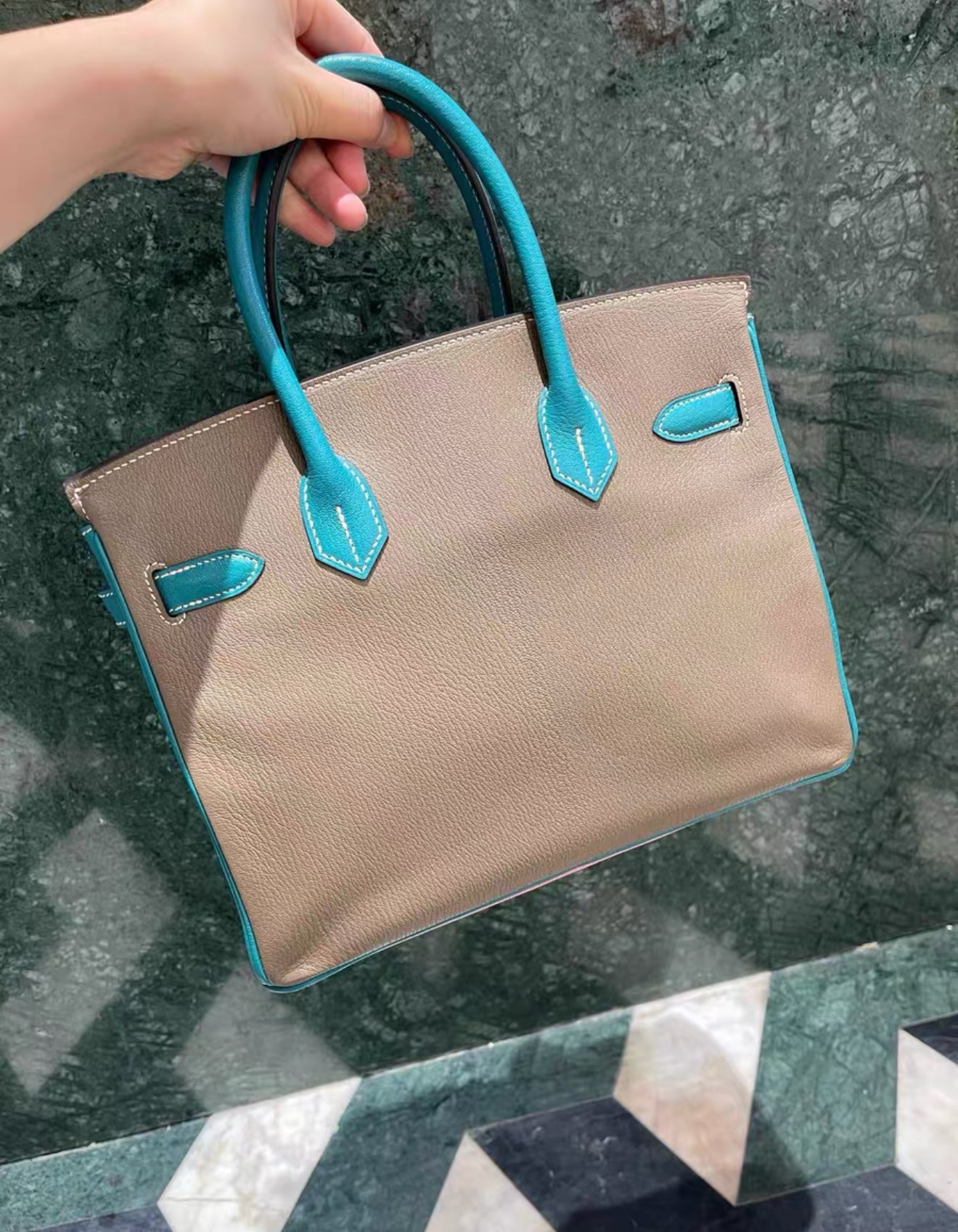 HSS Hermes Birkin 30 Rose Confetti/Etoupe/Turquoise Chevre Leather With Brushed Gold Hardware
