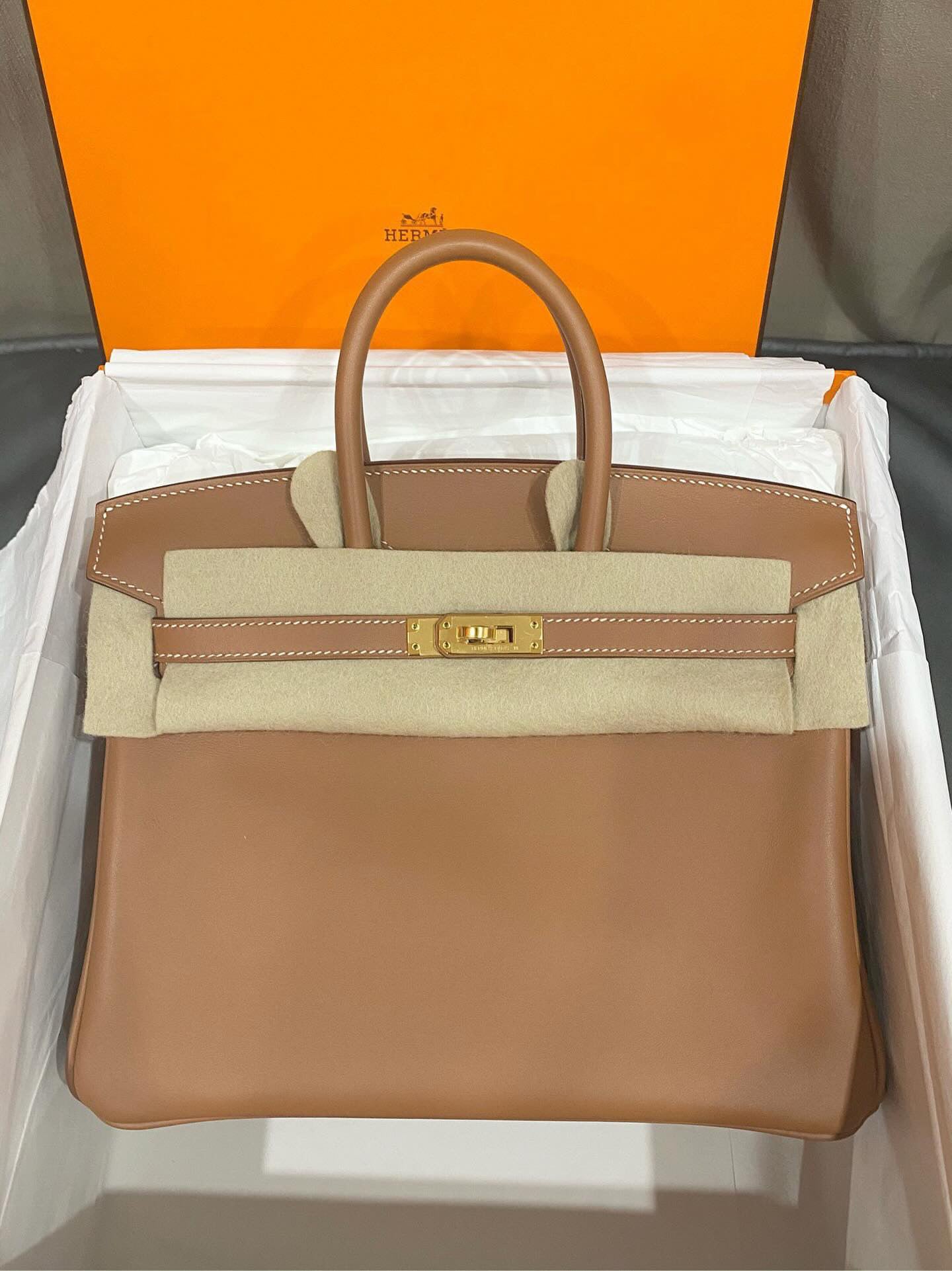 HERMÈS Birkin 25 handbag in Gold Jonathan leather with Gold hardware full set stamp Y