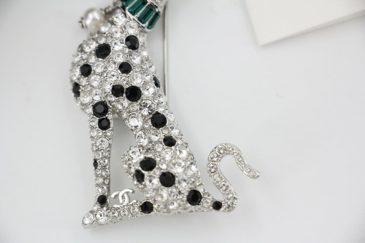 Chanel B26A Rhinestone Black Silver Green Dalmatian Brooch