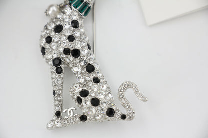 Chanel B26A Rhinestone Black Silver Green Dalmatian Brooch