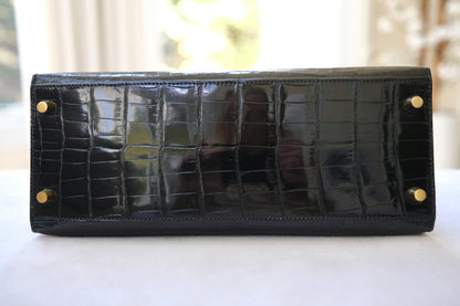 Hermes Kelly 28 Black Shiny Crocodile Leather Gold Hardware